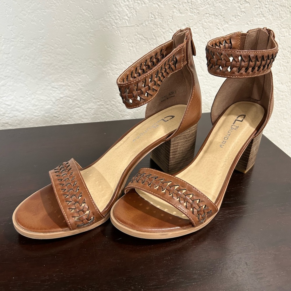CL by Laundry Brown Braided Block Heel Sandals
